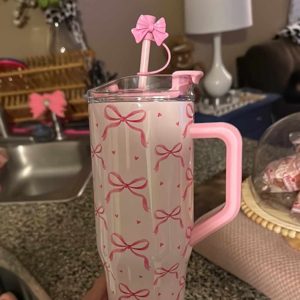 Pink Bow Patterned Tumbler with Straw